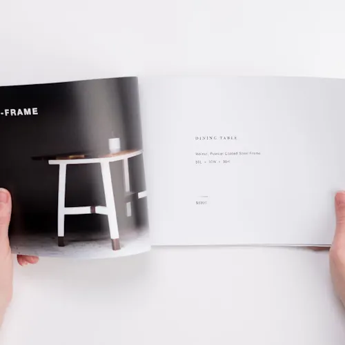 Harkavy Furniture look book features full bleed photos and minimalist type.