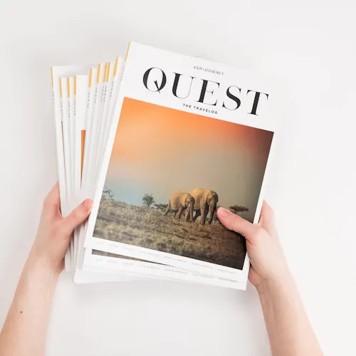 Two hands holding a fanned-out stack of Quest travel books printed with elephants on the cover.