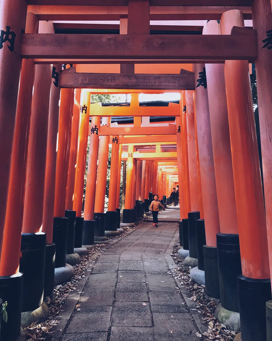 A child walking through Fushimi Inari-taisha in Kyoto, Japan, with people following behind him.