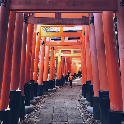 A child walking through Fushimi Inari-taisha in Kyoto, Japan, with people following behind him.