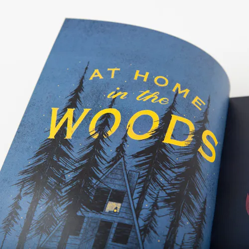 A portfolio book laying open to an illustration of a house in the woods with At Home in the Woods in yellow.