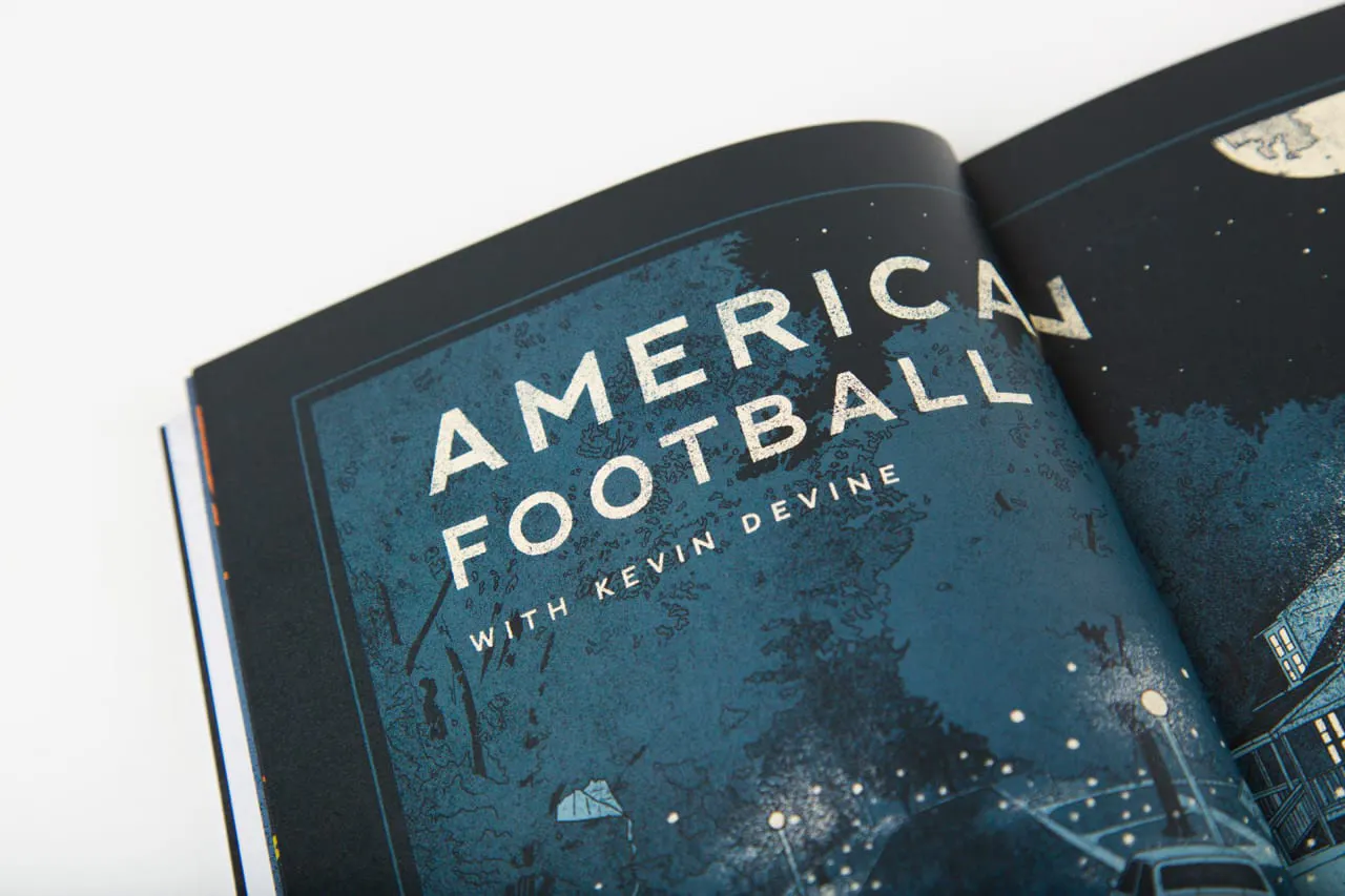 A portfolio booklet laying open to a midnight blue and black illustration with American Football printed in white.