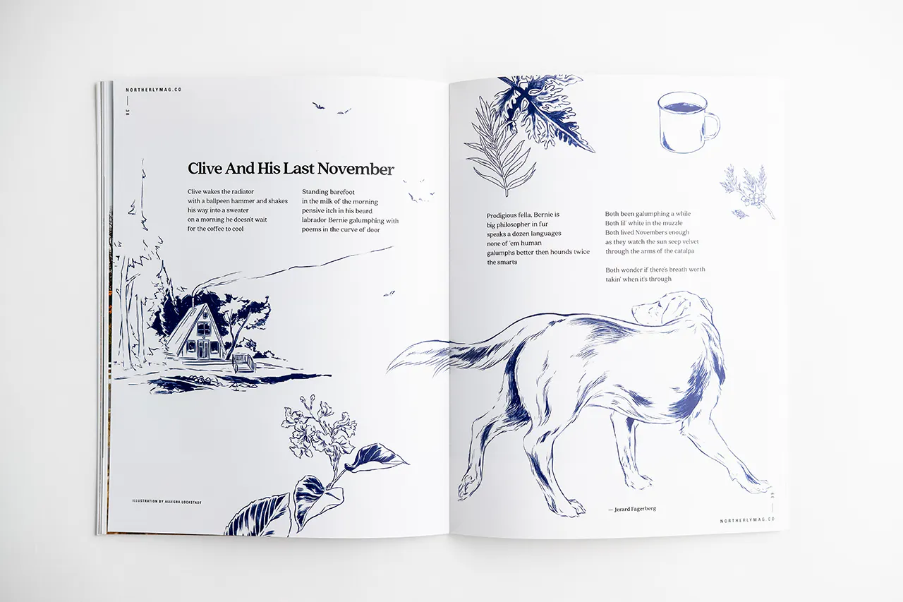 Northerly magazine laying open to Clive and His Last November and sketches of a dog, coffee cup, cabin and leaves.