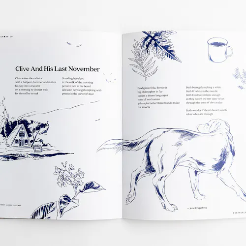 Northerly magazine laying open to Clive and His Last November and sketches of a dog, coffee cup, cabin and leaves.