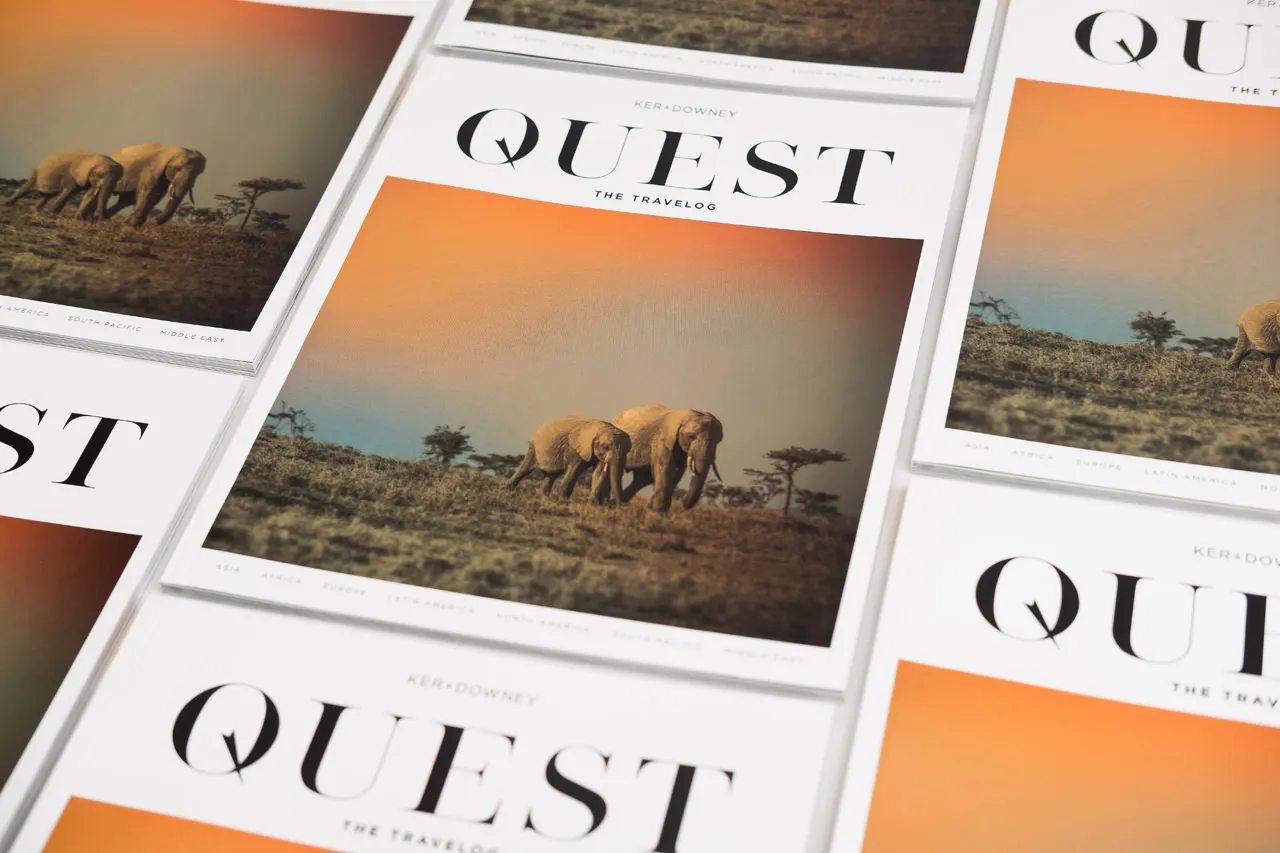 The Quest travel book printed with an image of two elephants on the cover.