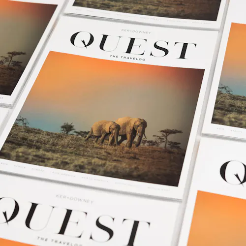 The Quest travel book printed with an image of two elephants on the cover.