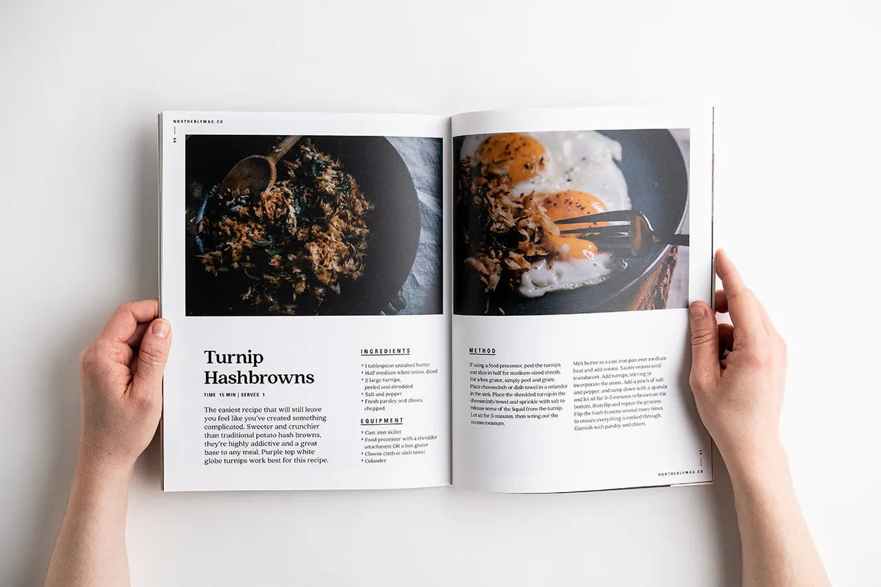 Two hands holding open a visual journal to images of turnip hashbrowns and eggs and a recipe.
