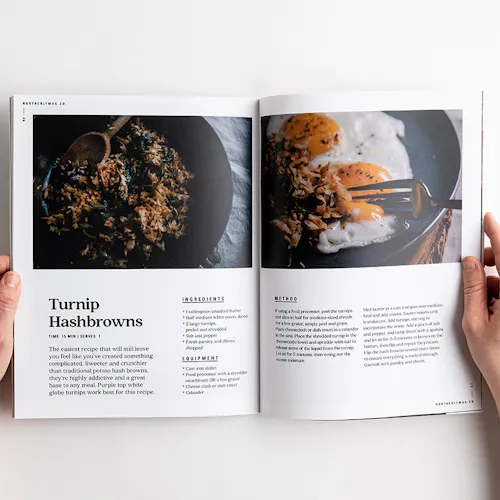 Two hands holding open a visual journal to images of turnip hashbrowns and eggs and a recipe.