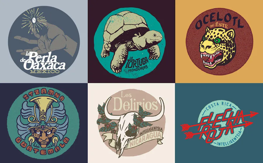 Six custom logos with a round design and various graphics of animals, a hand and a coffee bean.