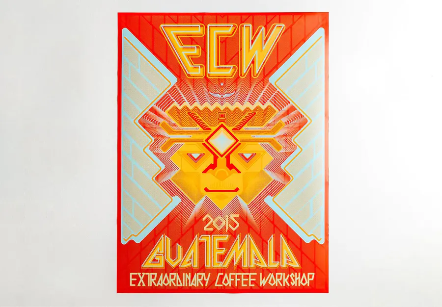 A custom poster printed with an orange, yellow and light green design.