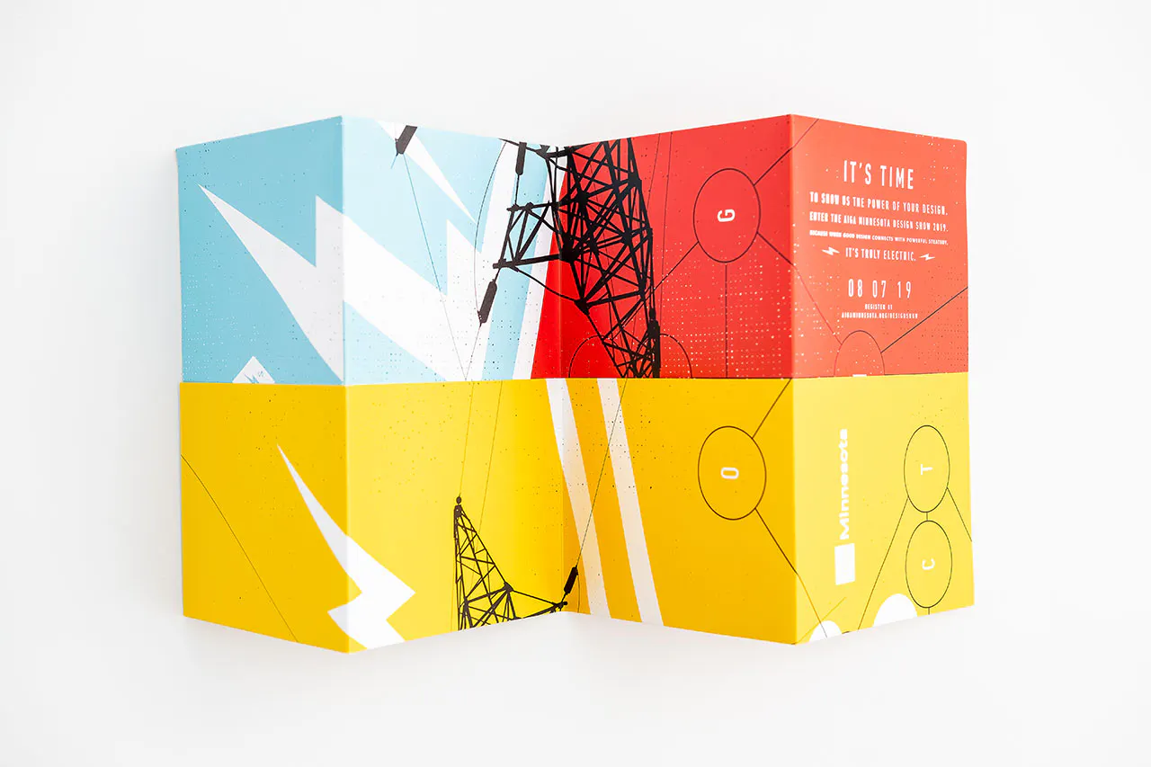 A direct mail poster printed with a red, blue and yellow design and It's Time in white.