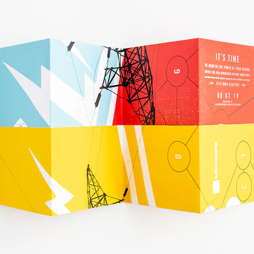 A direct mail poster printed with a red, blue and yellow design and It's Time in white.