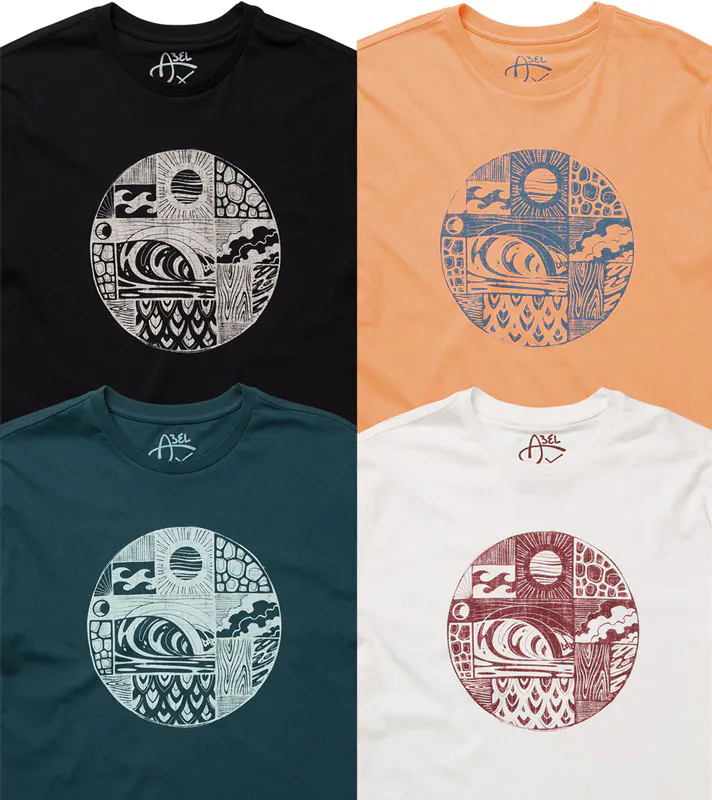 Four T-shirts printed with custom artwork of surf-inspired designs in a round shape.