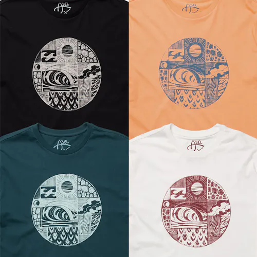 Four T-shirts printed with custom artwork of surf-inspired designs in a round shape.