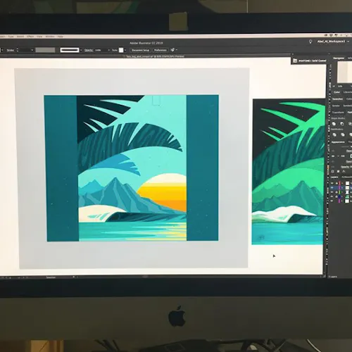 Custom artwork on a laptop with an ocean and beach design in shapes of blue, green and yellow.