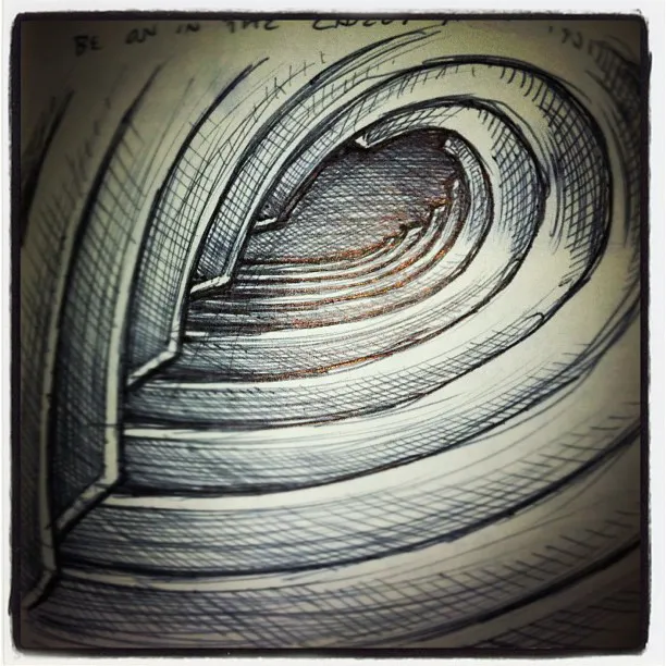 A sketch of the inside of an ocean wave from a surfer's perspective.
