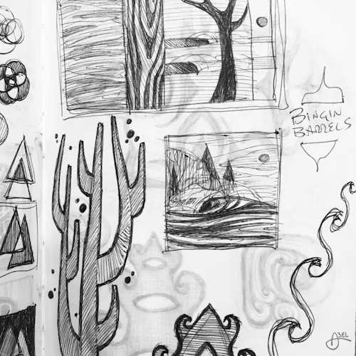 A page from a sketchbook with various designs, including cacti, trees, waves and geometric shapes.