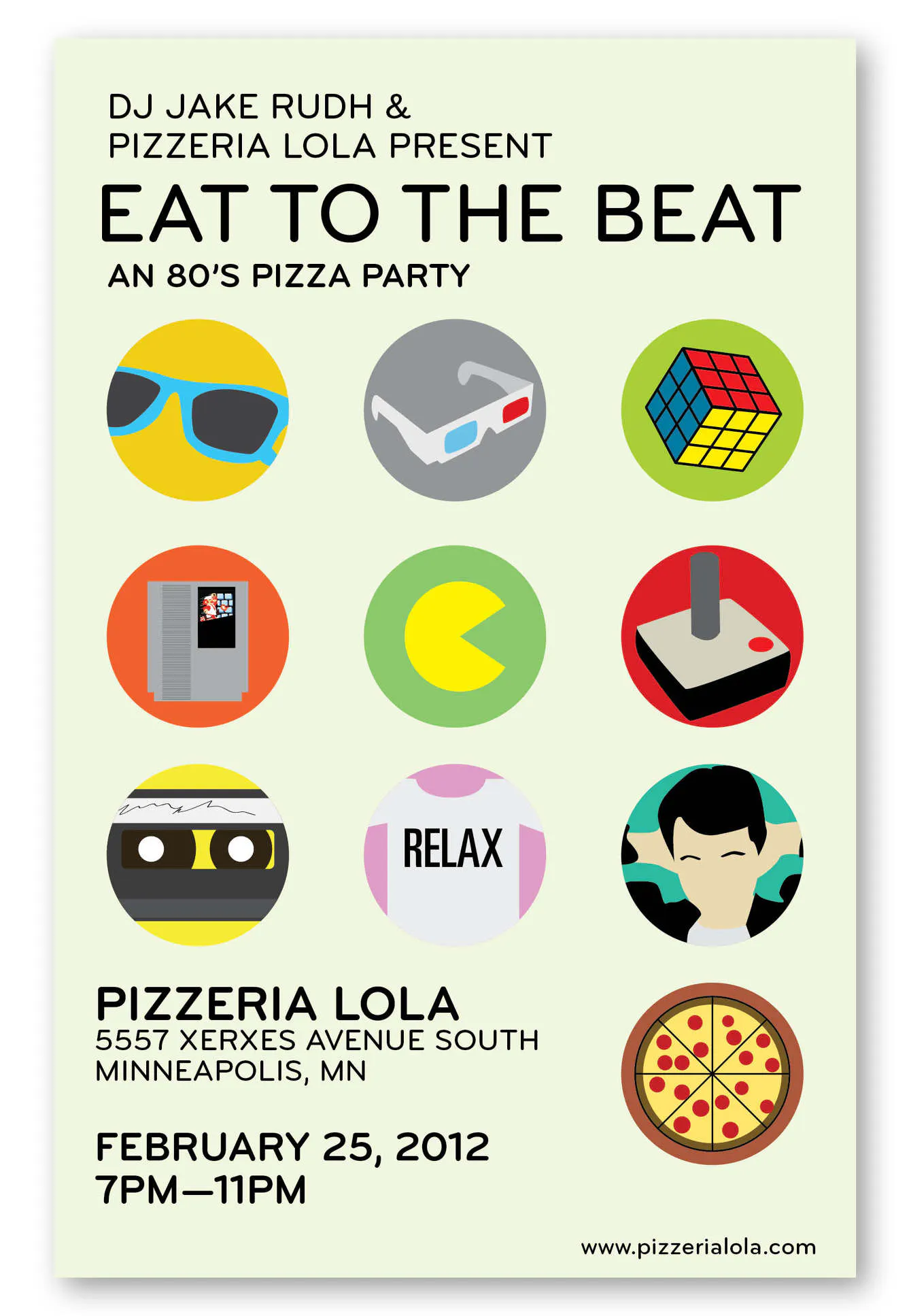 A custom poster printed with Eat to the Beat An 80s Pizza Party and graphics of Pac-Man and Ferris Bueller.