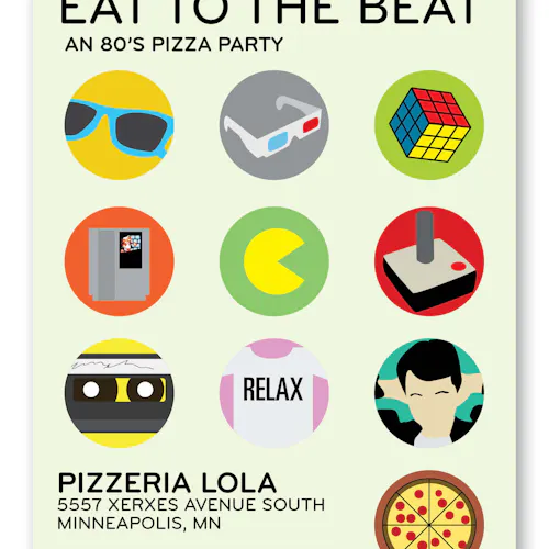 A custom poster printed with Eat to the Beat An 80s Pizza Party and graphics of Pac-Man and Ferris Bueller.