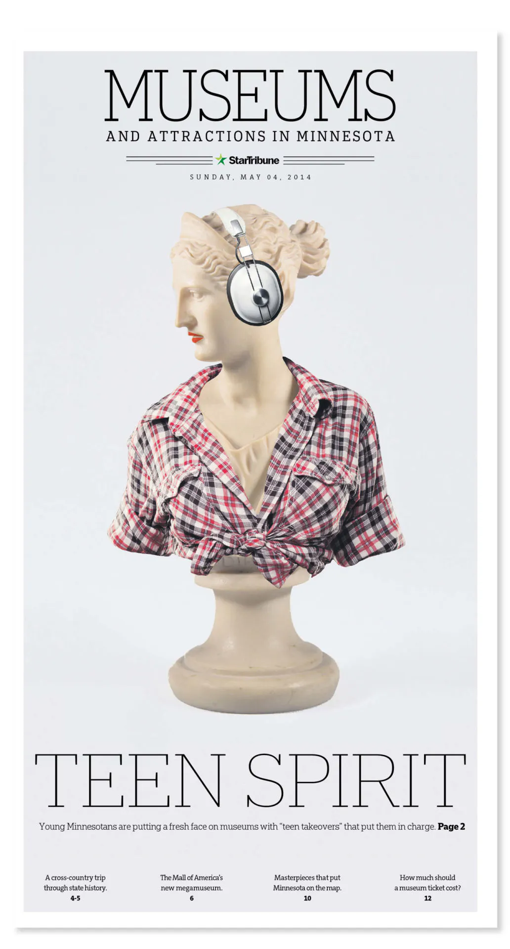 A custom art print of a museum bust of a woman wearing a checkered shirt, headphones and red lipstick.