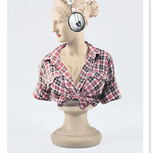 A custom art print of a museum bust of a woman wearing a checkered shirt, headphones and red lipstick.