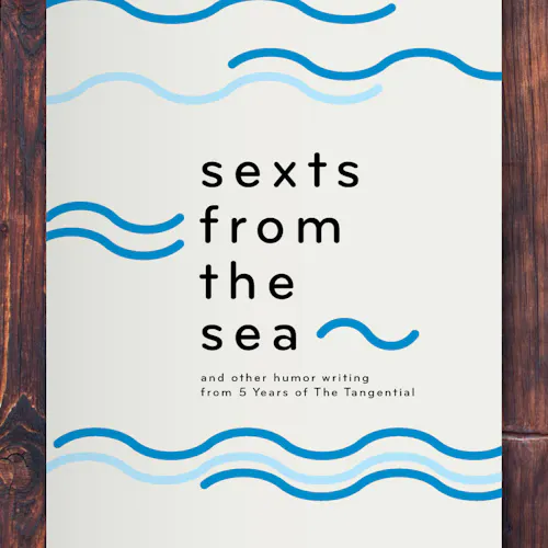 A custom book printed with a wavy blue design and Sexts from the Sea in black text.