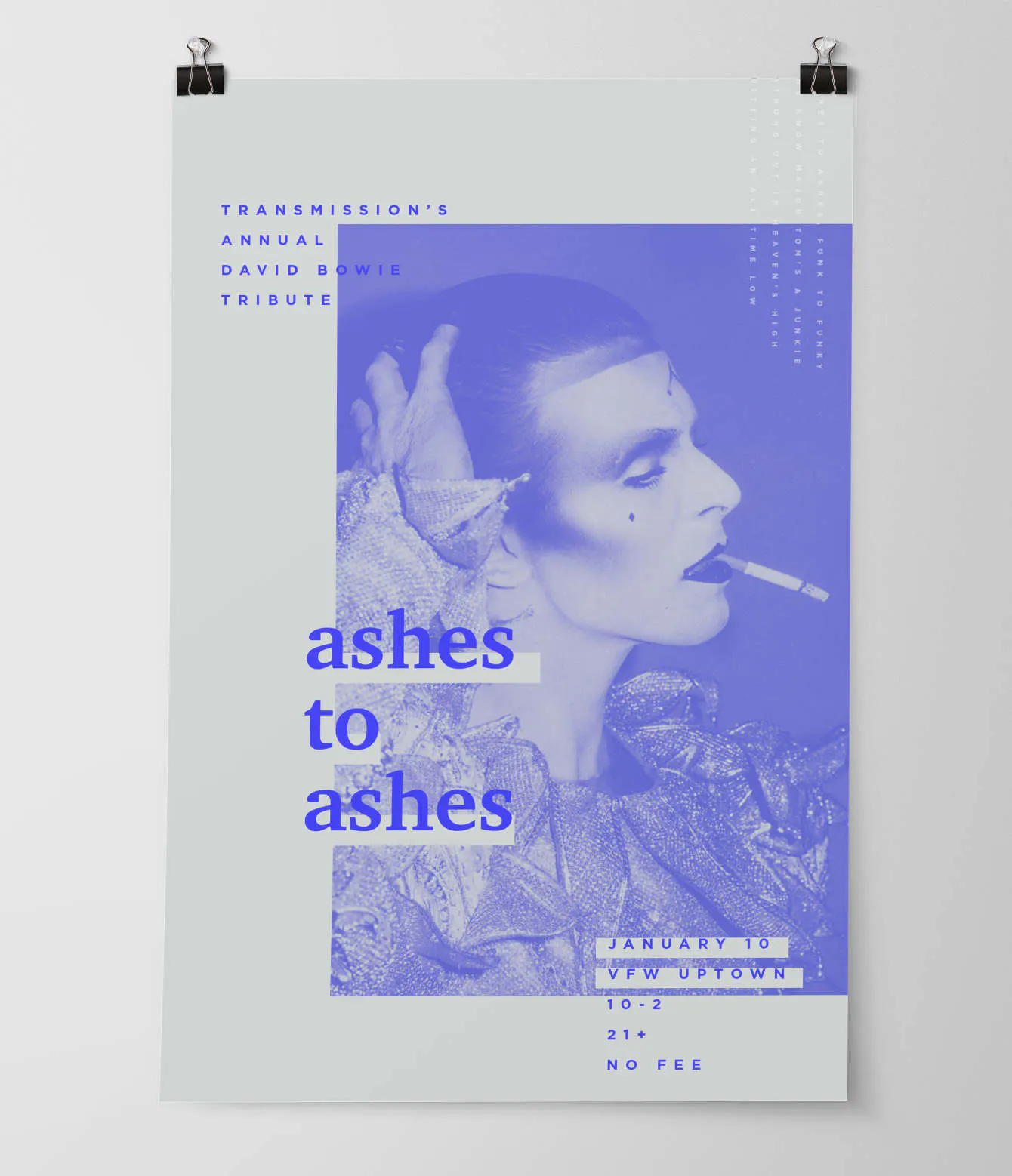 A marketing poster printed with a purple-blue image of David Bowie smoking a cigarette and Ashes and Ashes.
