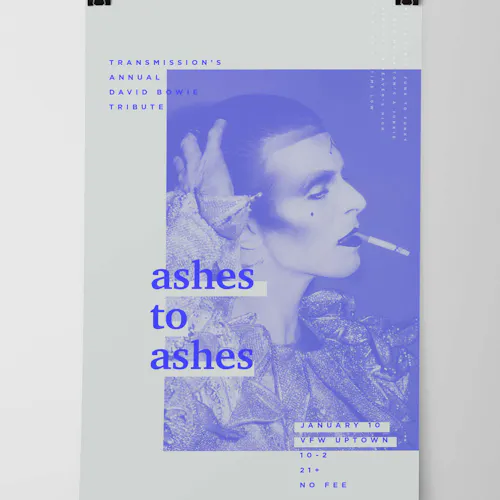 A marketing poster printed with a purple-blue image of David Bowie smoking a cigarette and Ashes and Ashes.