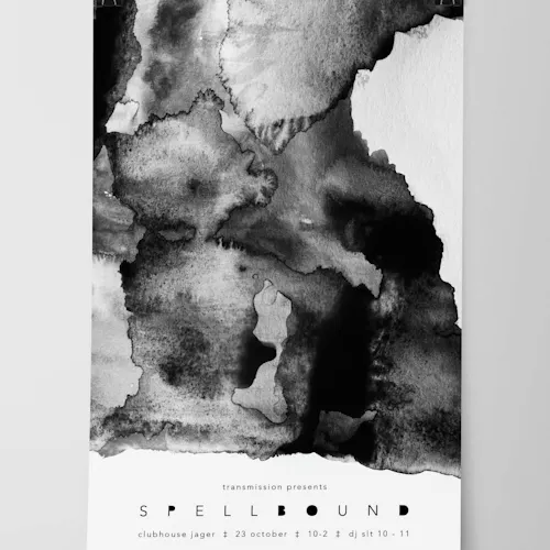 A event poster printed with an abstract design in shades of gray and Spellbound at the bottom.