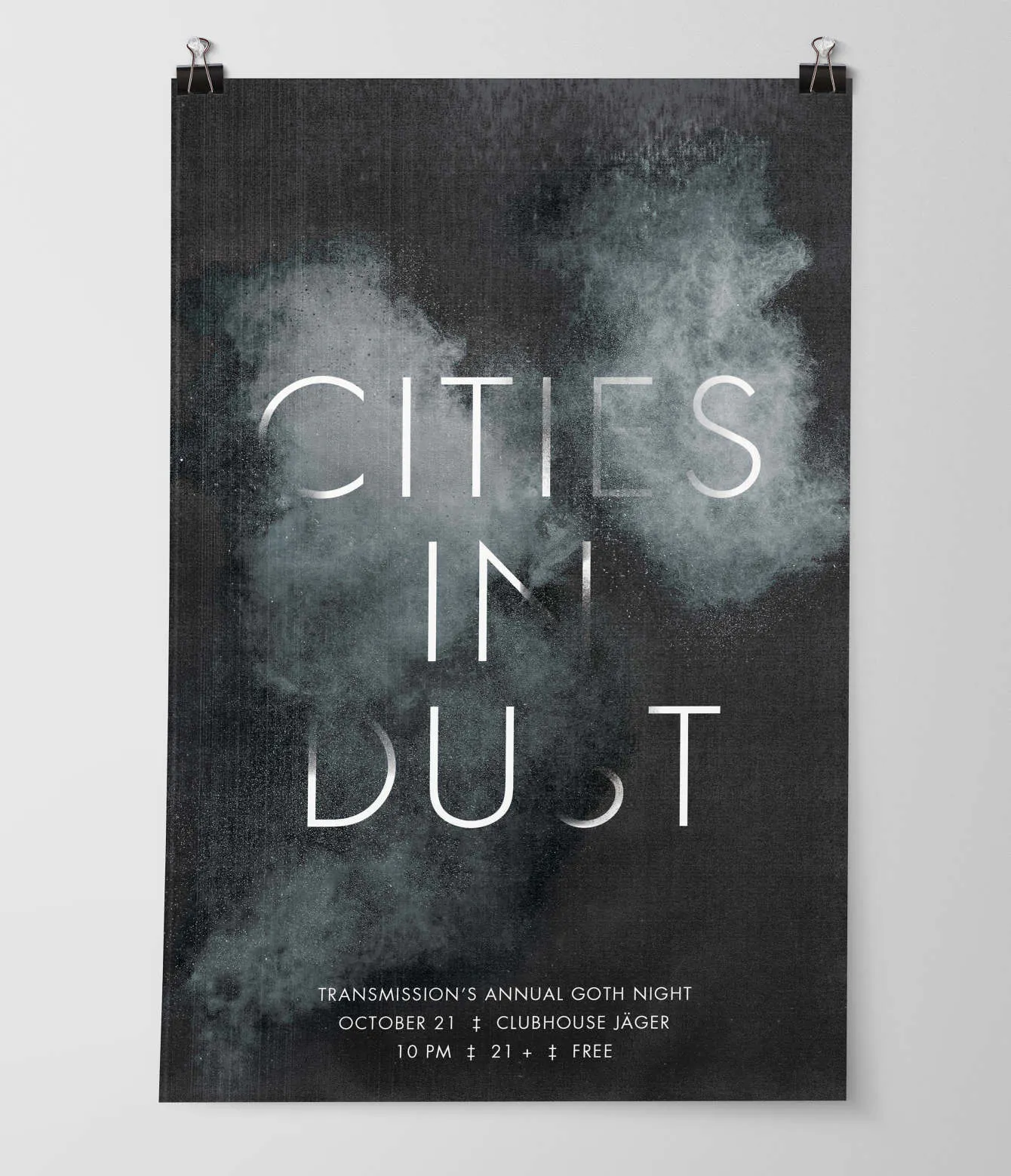 A marketing poster printed with a smoky dark gray background and Cities in Dust in white text.