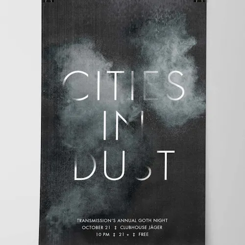A marketing poster printed with a smoky dark gray background and Cities in Dust in white text.
