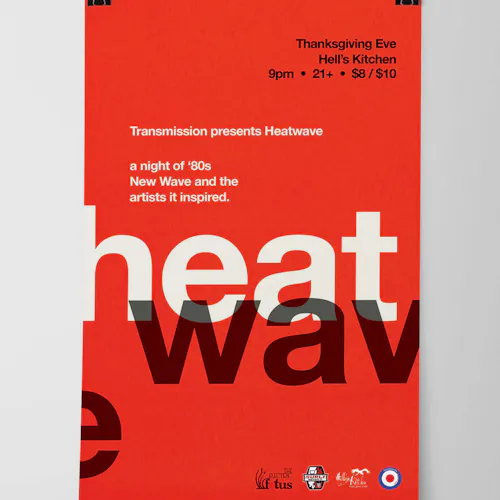 An event poster printed with a red background and Heat Wave in black and white.