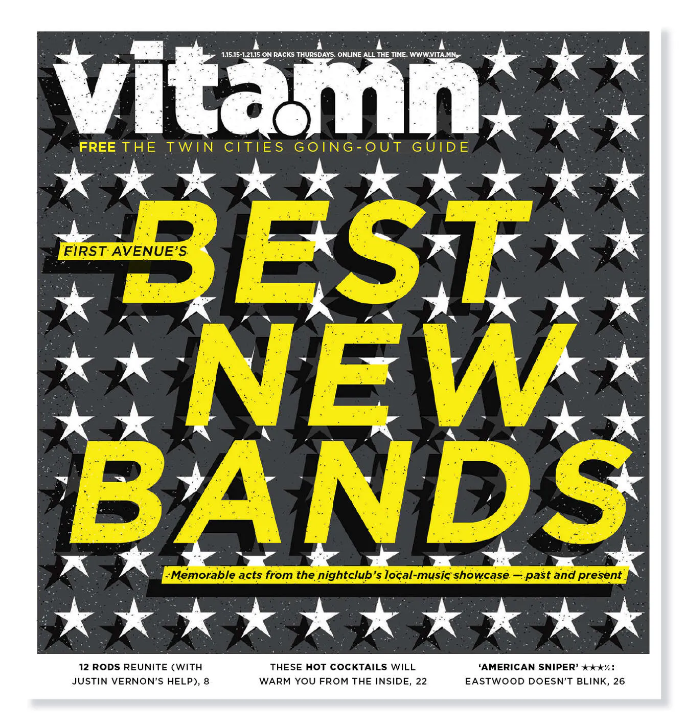 A magazine printed with Vita.mn in white at the top and Best New Bands in yellow against a dark blue background.