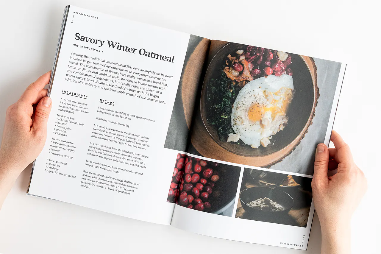 A photography magazine laying open to a recipe and images of savory winter oatmeal.