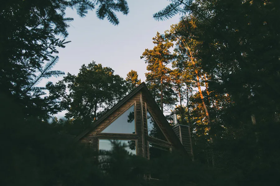 A cabin with large windows surrounded by trees.