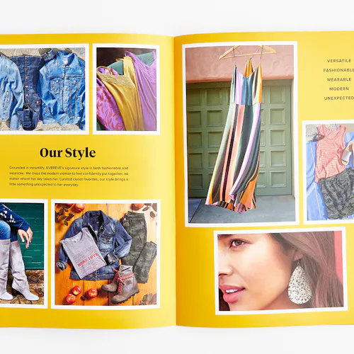 An Evereve brand book laying open to images of various clothing against a bright yellow background and Our Style in black.