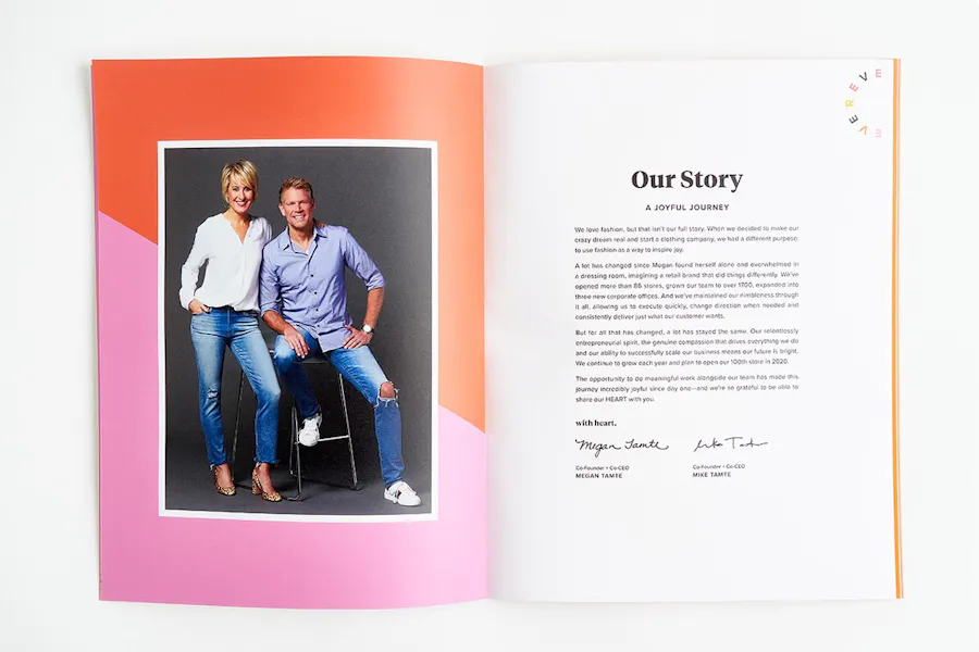 A custom brand book laying open to an image of a man and woman on the left and introductory text on the right.