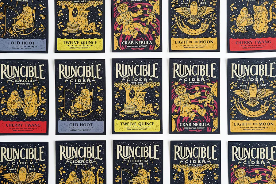 Three rows of custom postcards printed with Runcible Cider at the top and animal designs below it.
