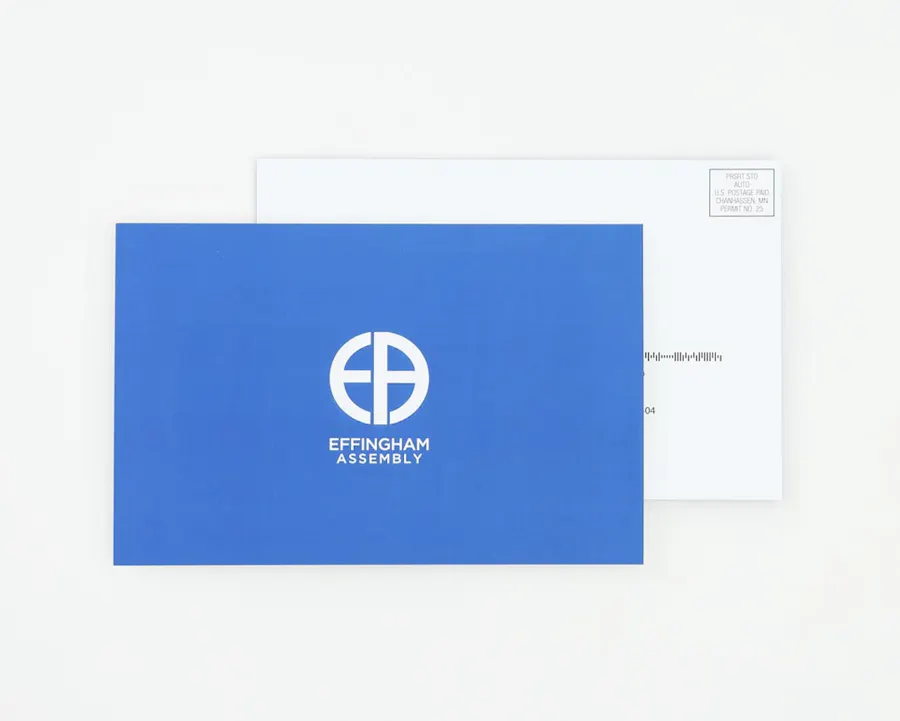 A piece of church direct mail with a blue background overlapping another mailer in white.