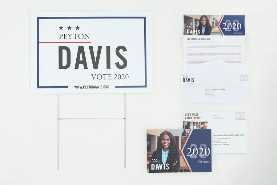 A yard sign, direct mail postcard and letter mailer for a political campaign.