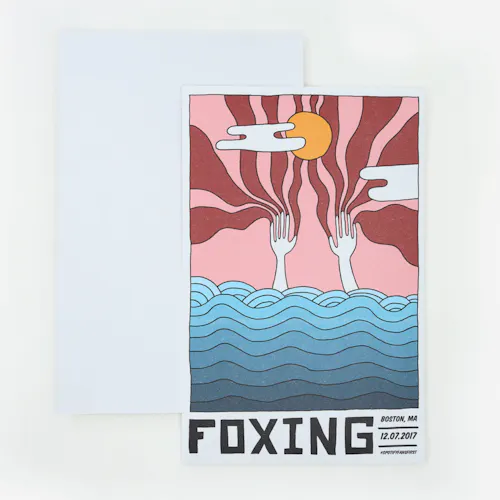 Cardstock A cardstock sign printed with Foxing below a sunshine and waves design in shades of pink, maroon and blue.