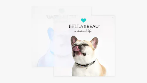 A custom clear sign printed with Bella & Beau A Charmed Life above an image of a French bulldog.
