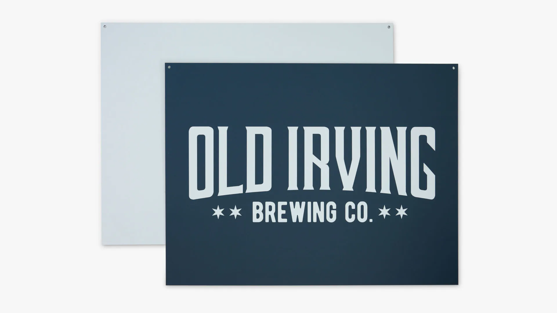 A custom metal sign printed with a dark blue background and Old Irving Brewing Co. in white.