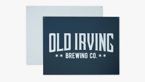 A custom metal sign printed with a dark blue background and Old Irving Brewing Co. in white.