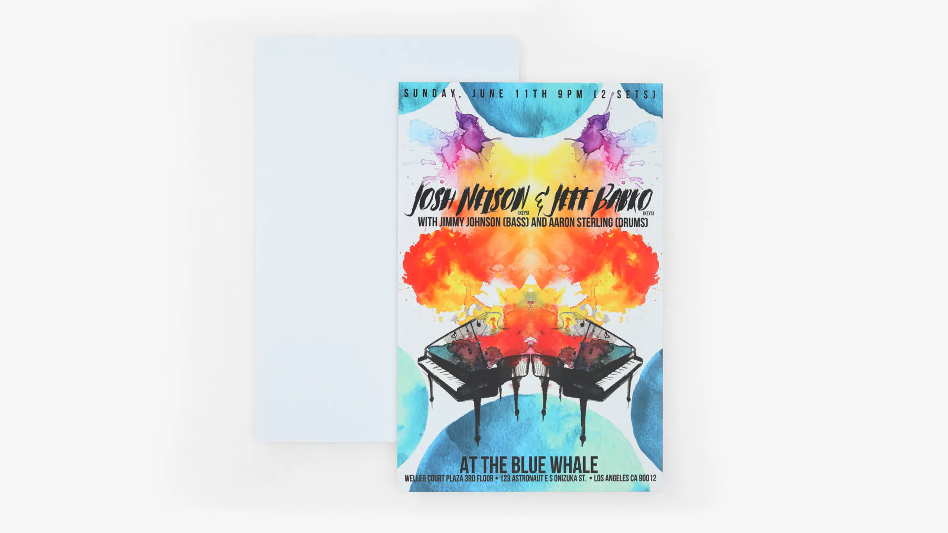 A foamcore sign printed with images of two pianos and a watercolor design with Josh Nelson & Jeff Babko in black.