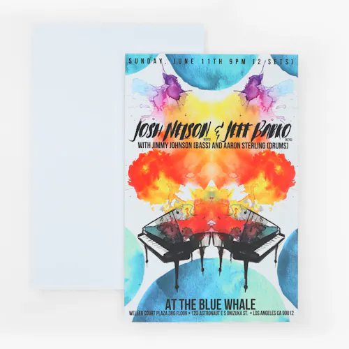 Foamcore A foamcore sign printed with images of two pianos and a watercolor design with Josh Nelson & Jeff Babko in black.