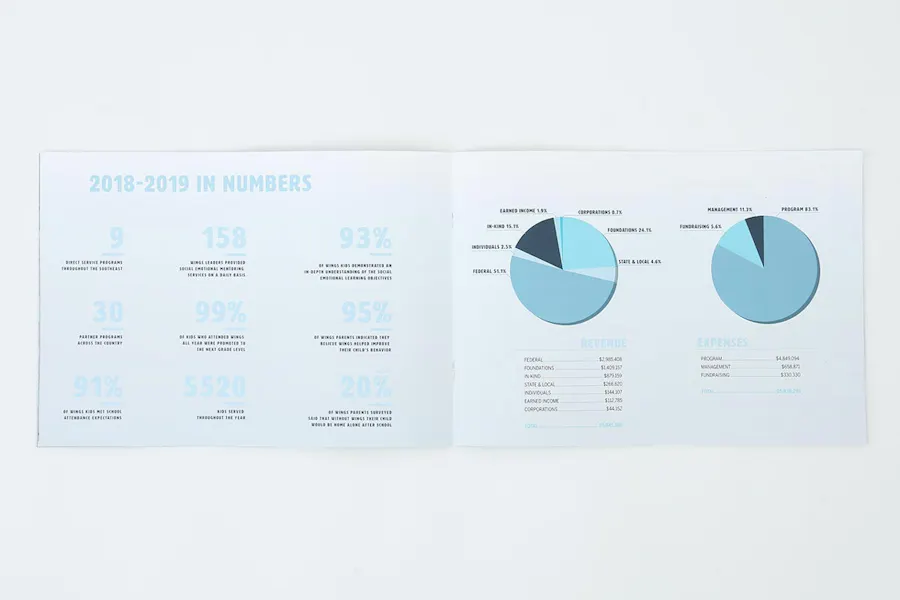 A nonprofit annual report printed with financial information in shades of blue.