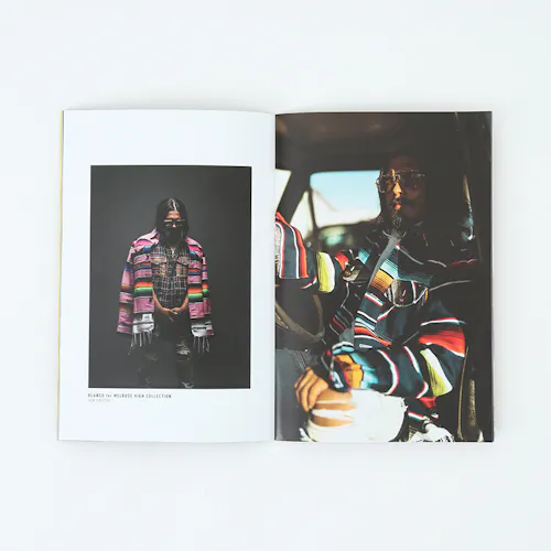 A portfolio printed with images of a man wearing a striped poncho and sitting in a car.