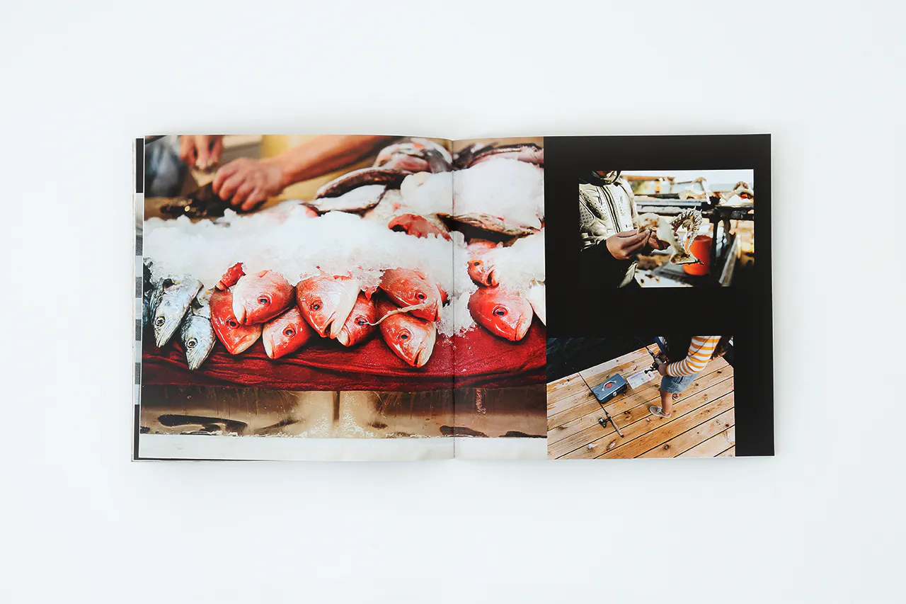 A photography booklet laying open to images of fish on ice and a person standing on a fishing dock.
