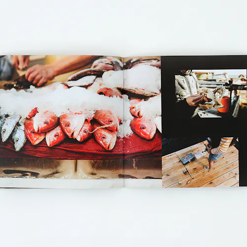 A photography booklet laying open to images of fish on ice and a person standing on a fishing dock.